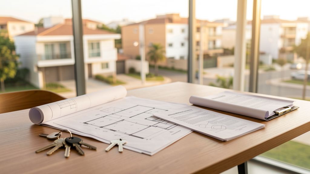 Mesa de atendimento imobiliário com documentos e chaves